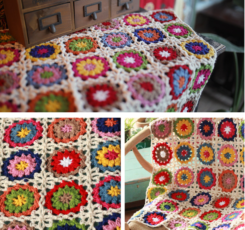 Crochet flower throw, multicolour, close-up details and full view on table and chair