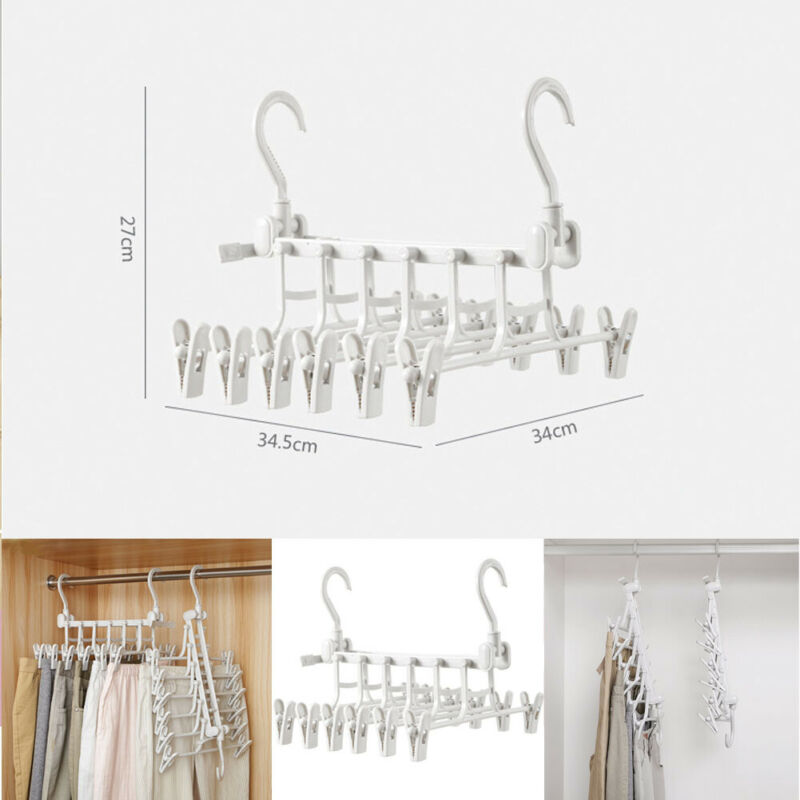 Size chart for white foldable 5-tier hanger with clips, dimensions labeled, product shown in use and flat