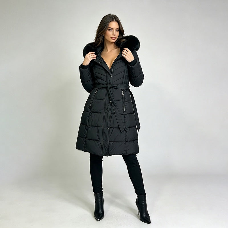 Long Belted Puffer Coat with Fur-Look Hood Trim in black