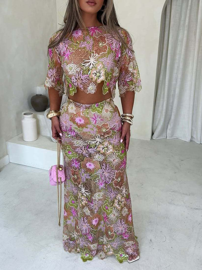 Pink, green and brown floral mesh crop top and maxi skirt set, full-length front view