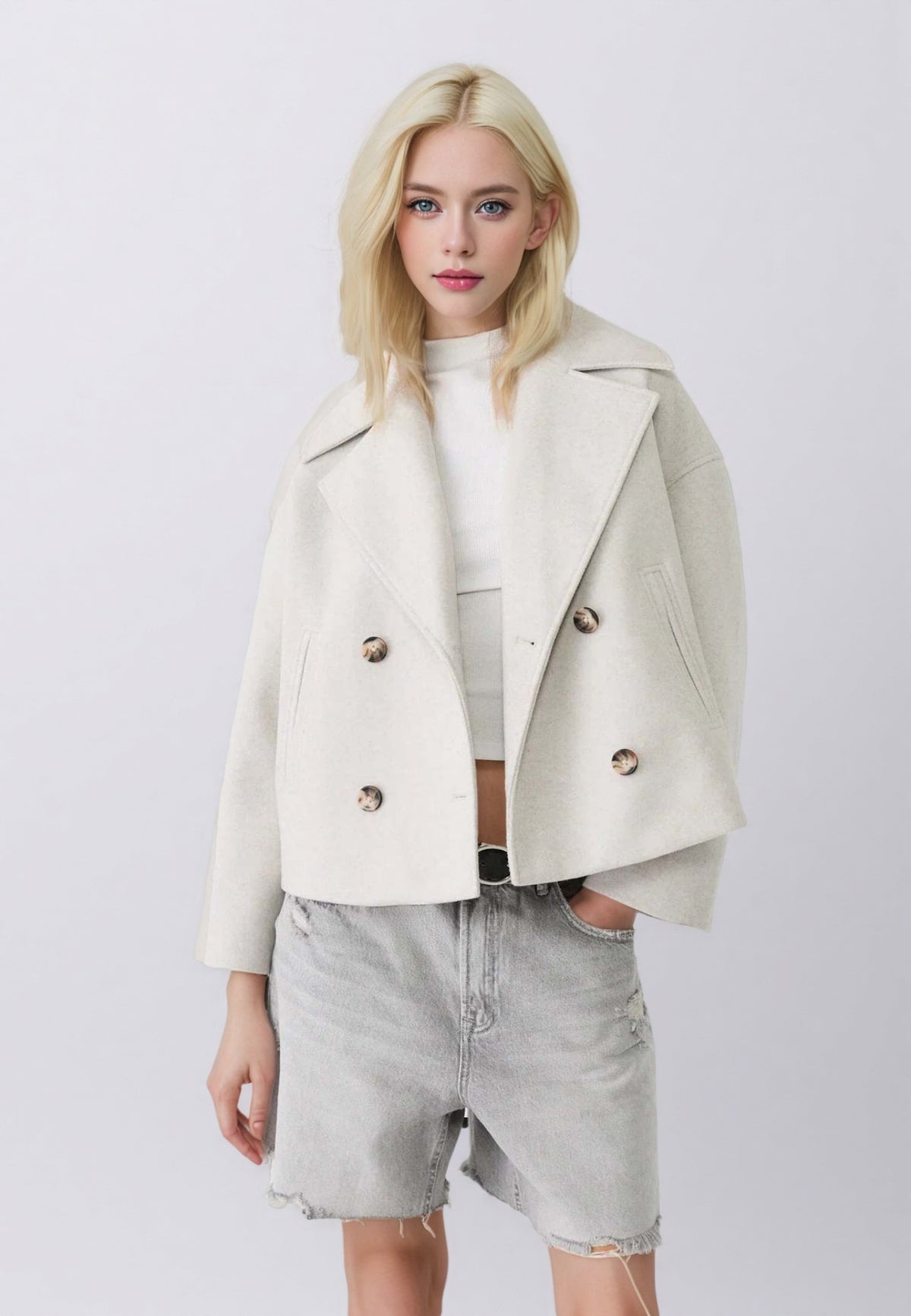 Cropped Double-Breasted Jacket with Gold-Tone Buttons