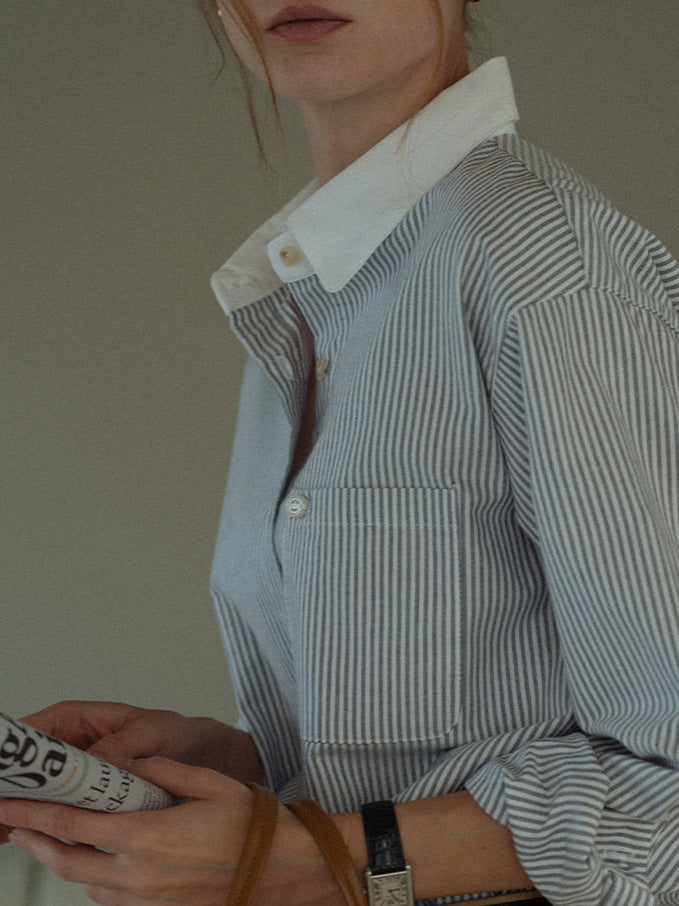 Contrast-Collar Blue Pinstripe Cotton Shirt
