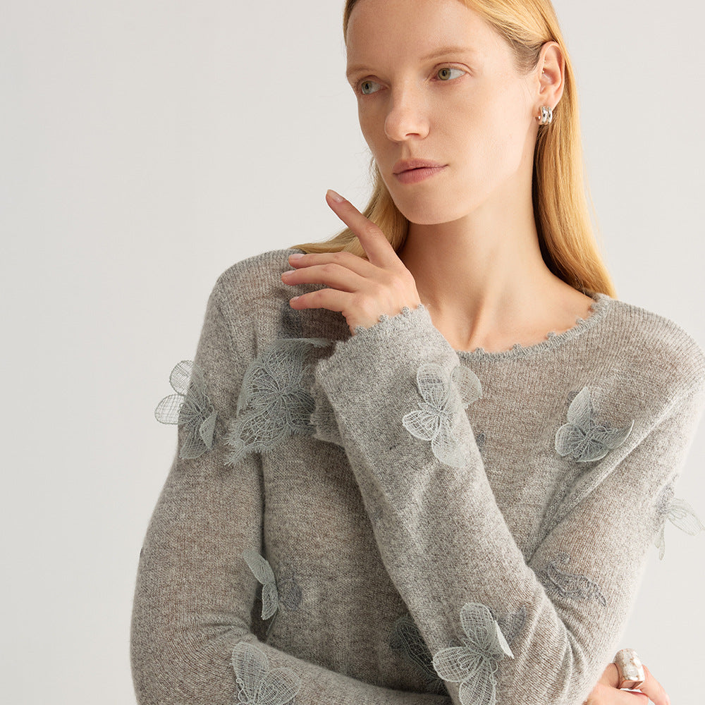 Butterfly Appliqué Crew Neck Knit Top in grey