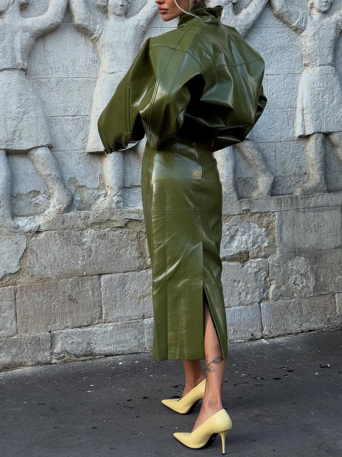 Faux-Leather Jacket and Midi Skirt Set