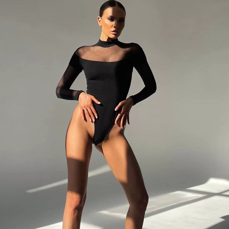 Black sheer mesh long-sleeve bodysuit on model, front view showing high-cut leg and thong back