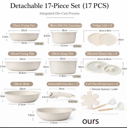 Premium Non-Stick Cookware Set with Removable Handle