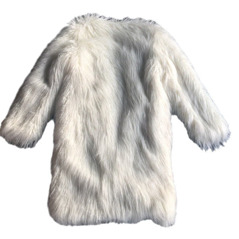 Shaggy faux-fur long coat in white, back view flat lay on a light background, showing shape and pile.
