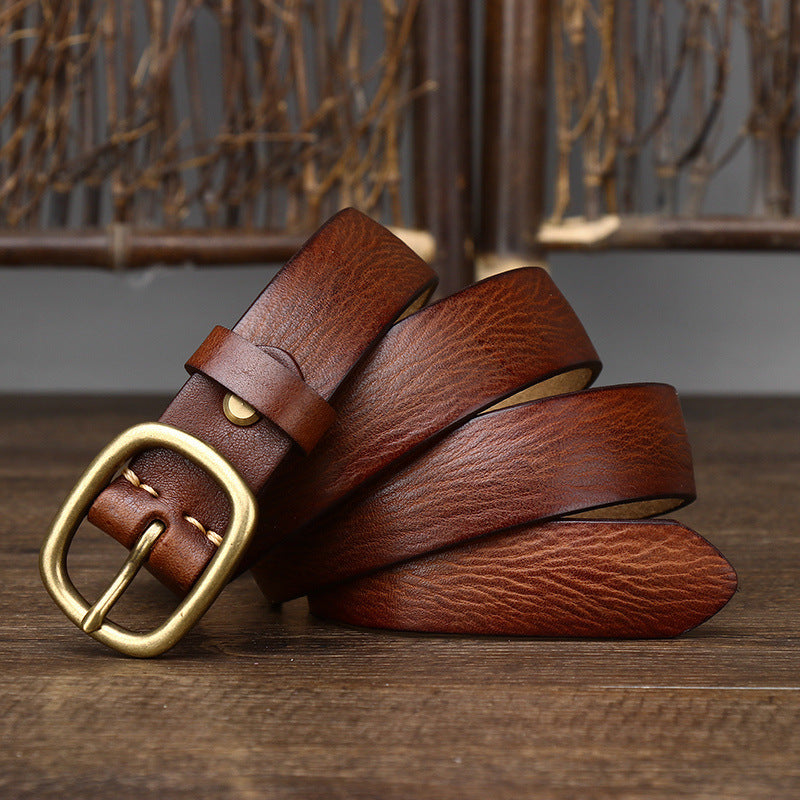 Vintage Leather Belt with Brass-Tone Buckle, 2.8 cm