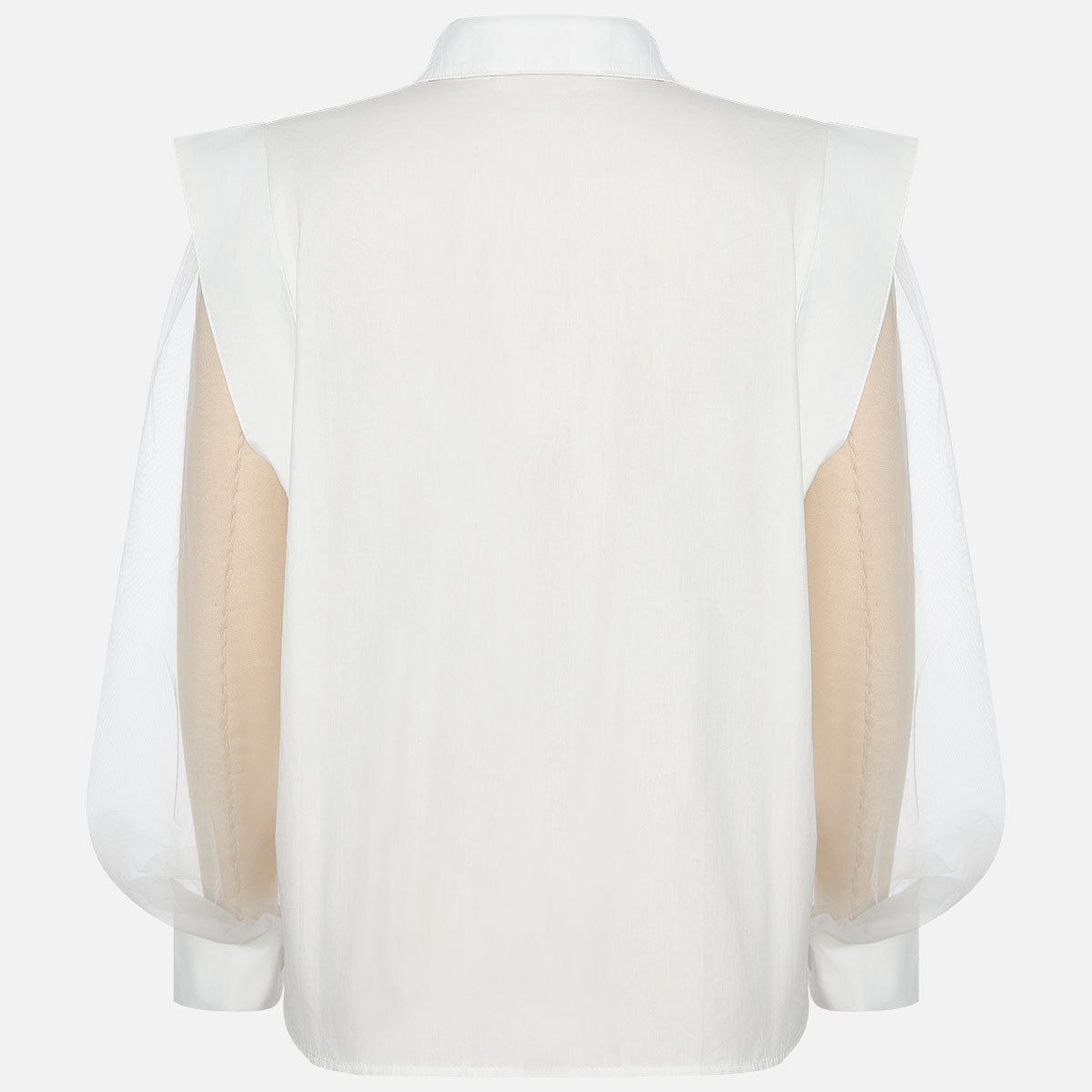 White sheer-sleeve shirt on a mannequin, back view, showing shoulder panels and sheer puffed sleeves