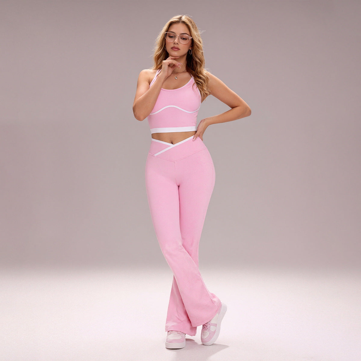 Pink Crop Top and Flared Leggings Set with Crossover Waist