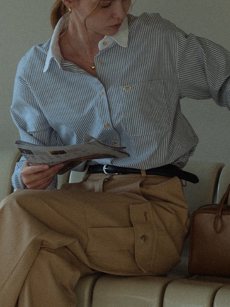 Contrast-Collar Blue Pinstripe Cotton Shirt