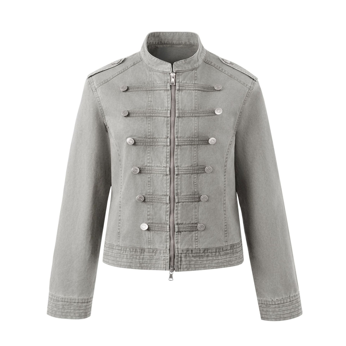 Flat lay grey cropped military-style twill jacket, full front view