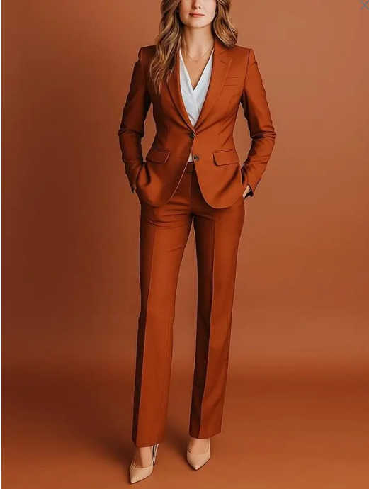 Two-piece trouser suit in caramel, single-breasted blazer with flap pockets, straight-leg trousers, worn by model on solid