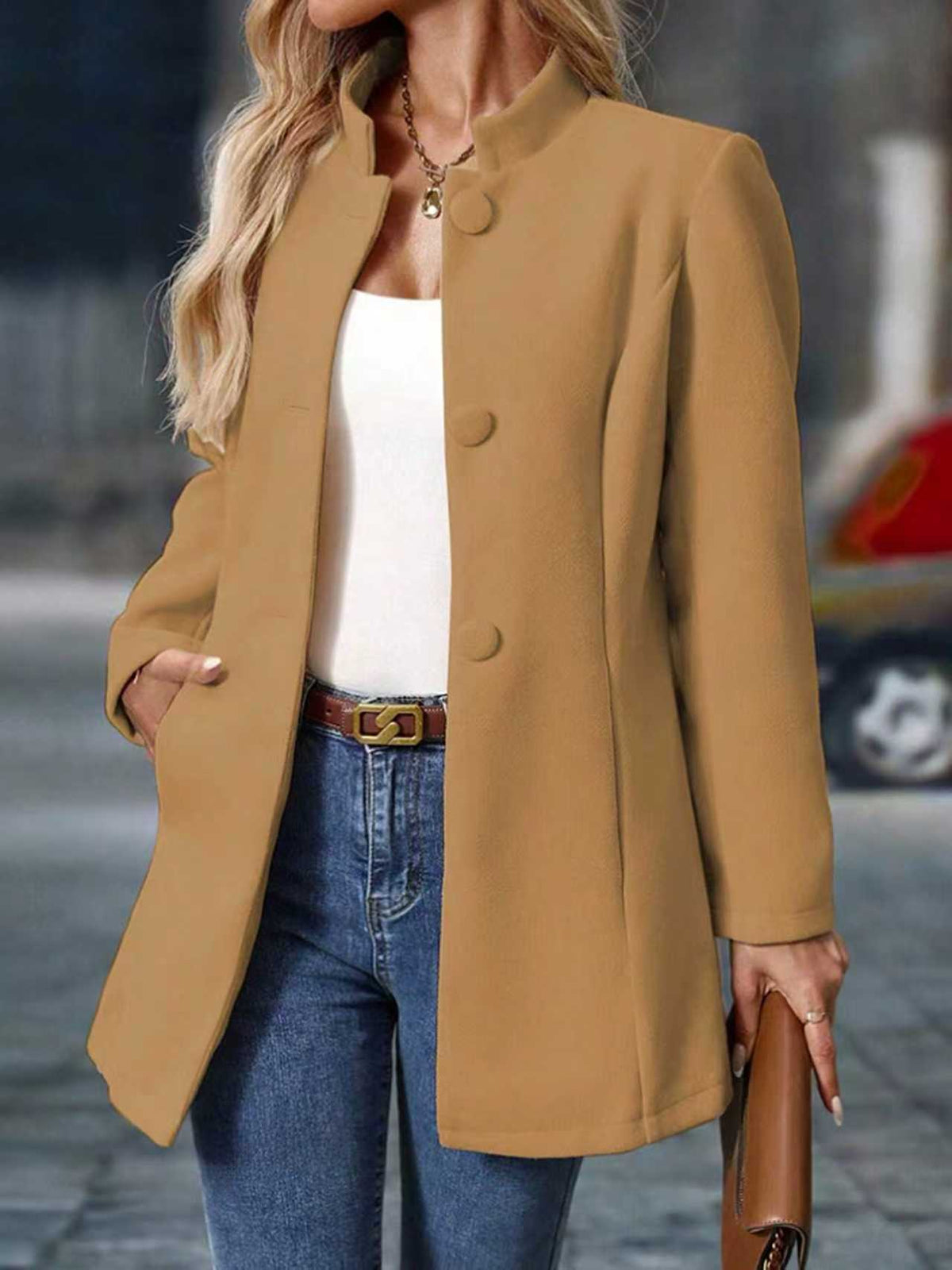 Stand-Collar Single-Breasted Short Coat