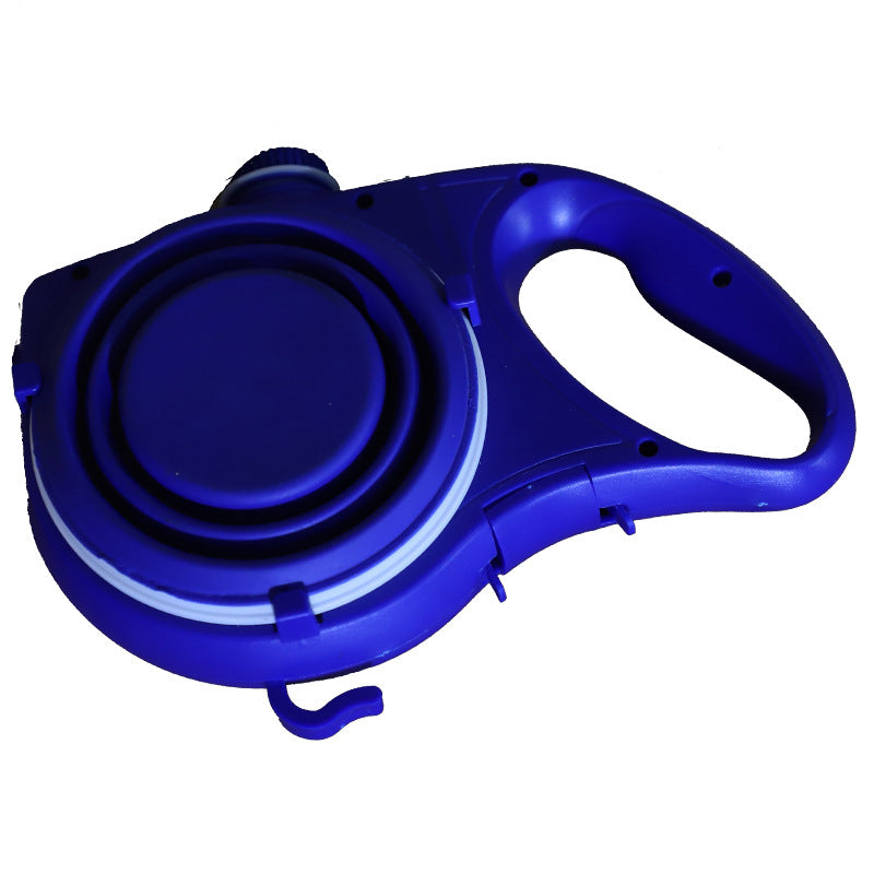 Dog lead with built-in water bottle and fold-out bowl, blue, top view showing folded bowl and handle