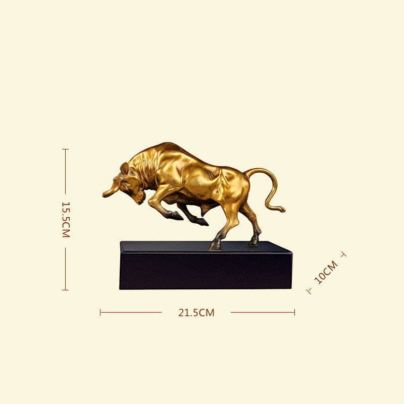 Charging bull metal sculpture in gold finish on black base, size chart showing 15.5 cm height, 21.5 cm length, 10 cm depth