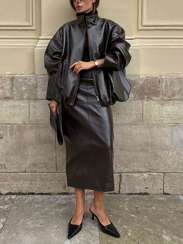 Faux-Leather Jacket and Midi Skirt Set
