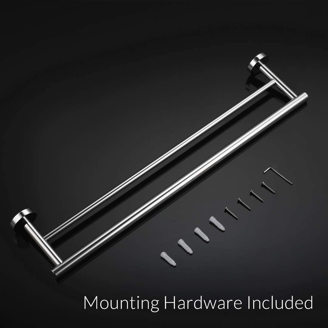 Double towel bar, brushed silver, 60 cm, angled view with mounting hardware shown