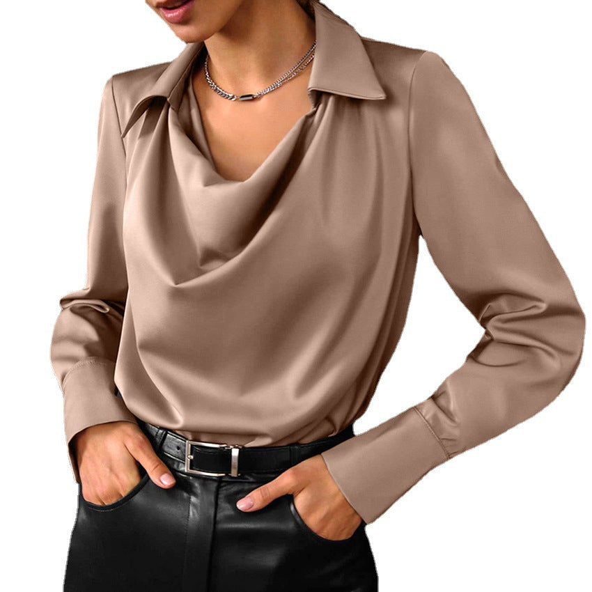 Cowl-Neck Collared Satin-Look Blouse in khaki