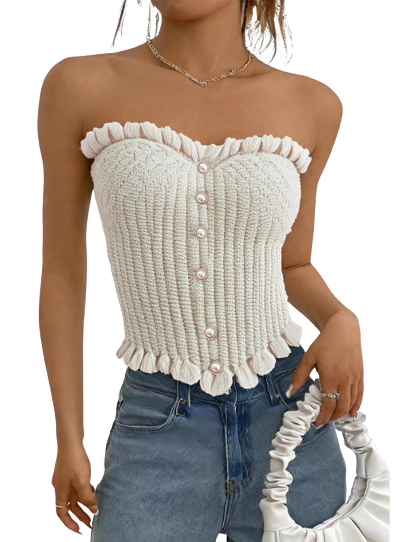 Pearl Knit Strapless Crop Top with Asymmetrical Ruffle