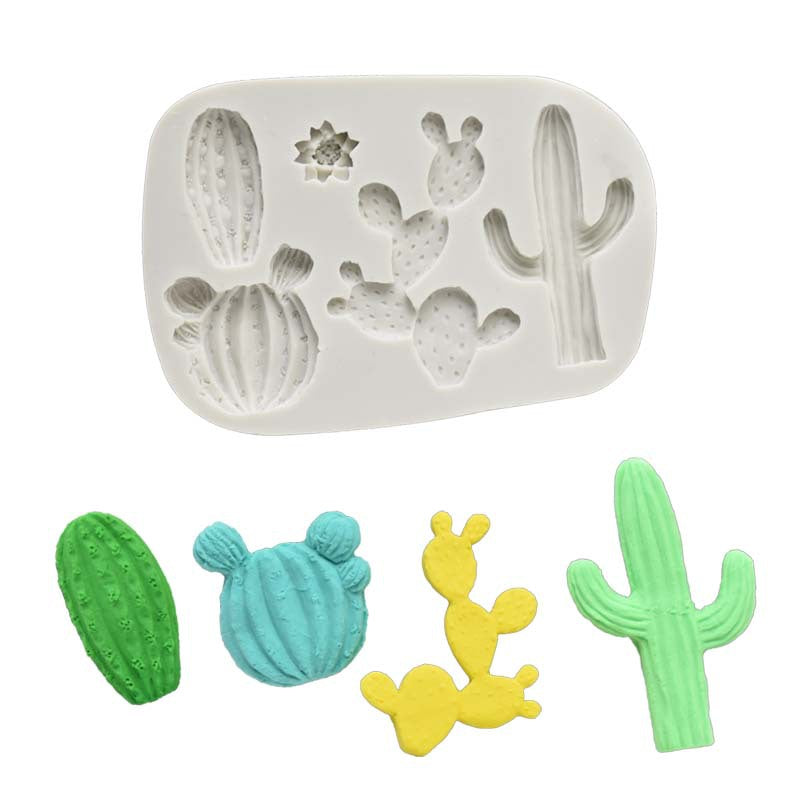 White cactus and succulent silicone mould with four cactus-shaped items in green, blue, yellow and light green below, plain
