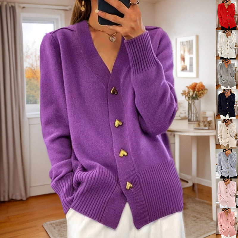 V-Neck Knit Cardigan with Heart Buttons
