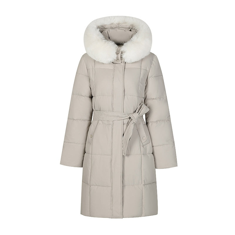 Mid-Length Padded Coat with Faux-Fur Hood and Tie Belt in light camel
