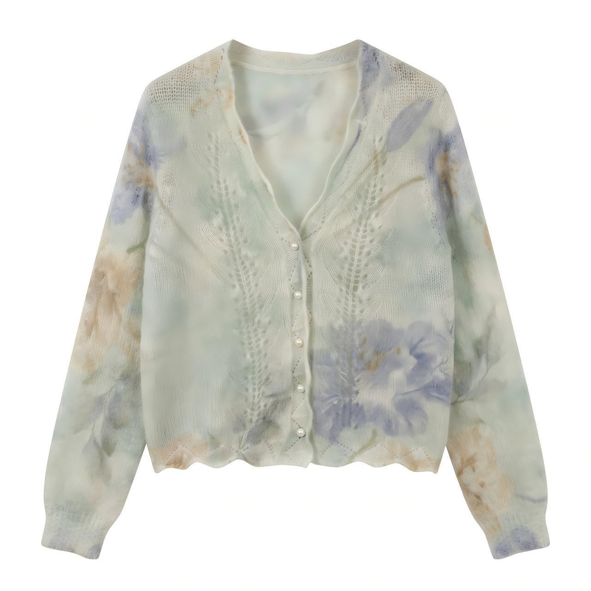 Floral Jacquard V-Neck Cardigan with Pearl-Look Buttons — view 7