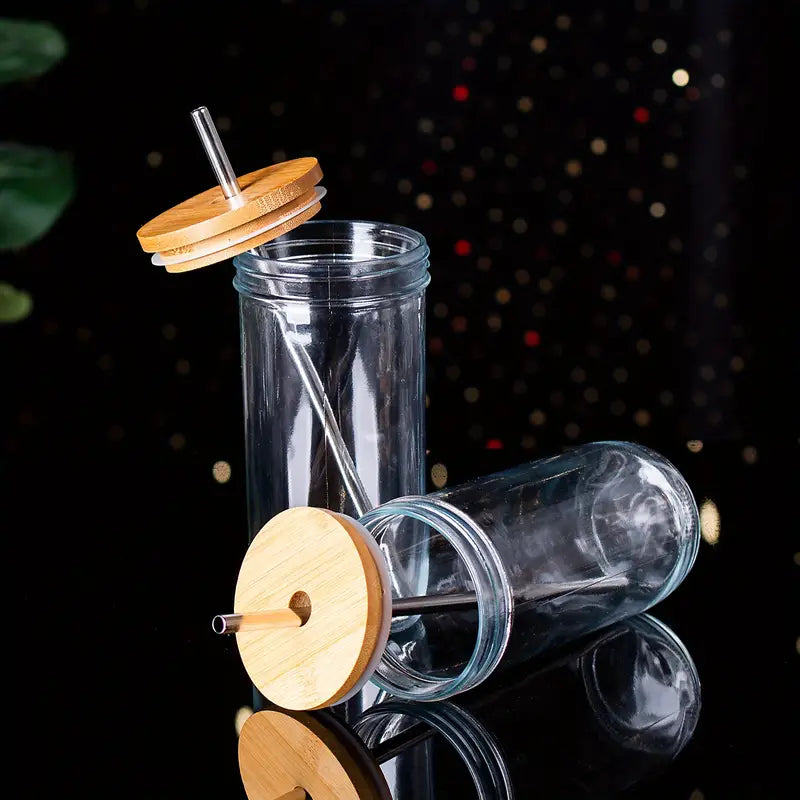 Premium Glass Tumbler Set with Bamboo Lids & Straws - 24oz