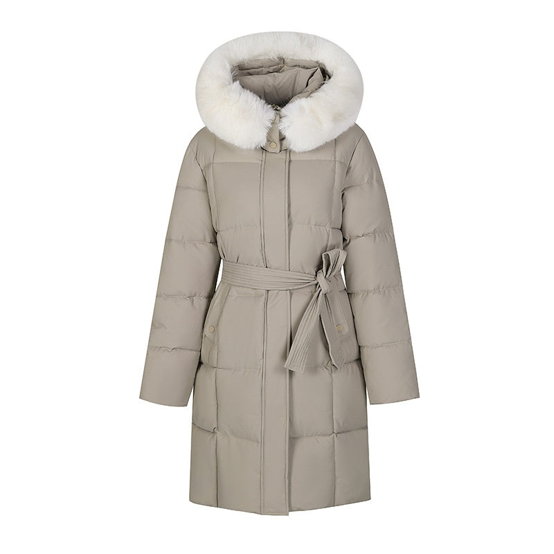 Mid-Length Padded Coat with Faux-Fur Hood and Tie Belt in khaki