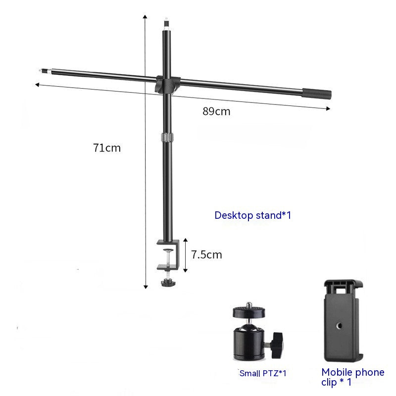 Size chart for telescopic desk stand showing dimensions, includes small PTZ mount and mobile phone clip