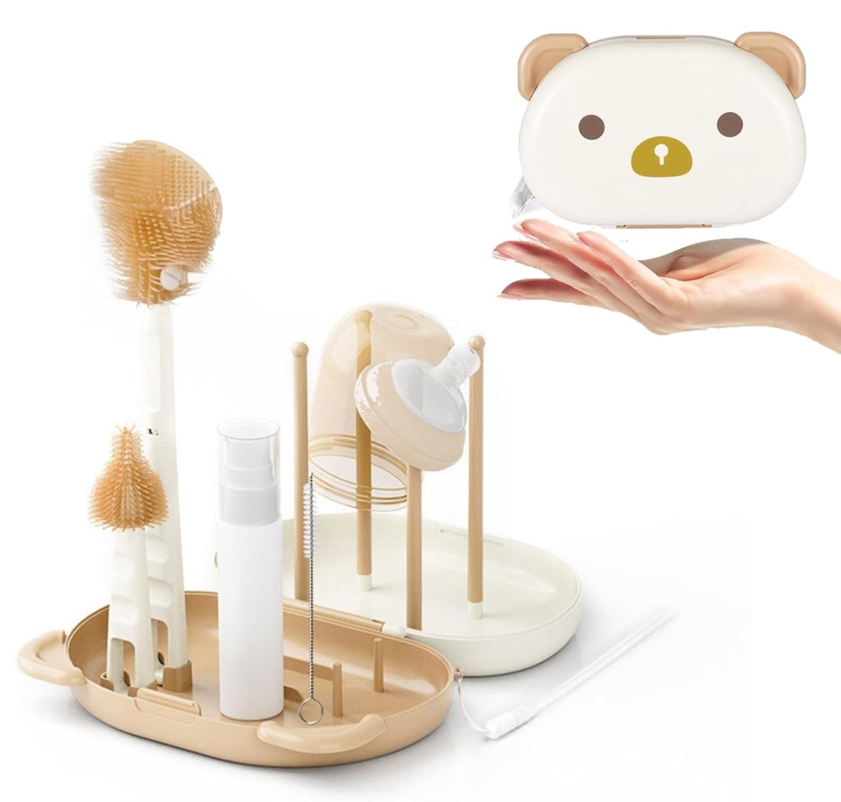 6 in 1 Bottle Brush Set -Baby Travel Essential Bottle Cleaner Brush Kit with Silicone Bottle Brush Nipple Cleaner Brush Straw Brush Soap Dispenser Storage Box Bottle Drying Rack - WowStore.live