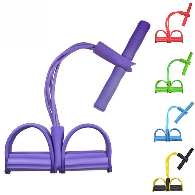 Purple foot pedal resistance tube with handle, side view with smaller versions of other colours