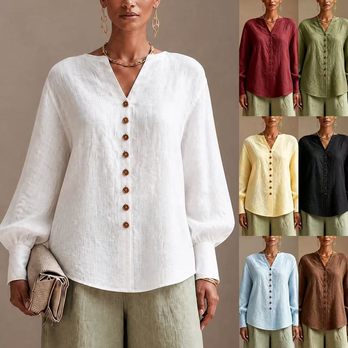 V-neck lantern-sleeve blouse in white with wood-tone buttons, worn by model with light green pants and clutch