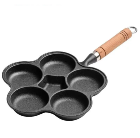 Artisan Cast Iron 4-Hole Omelette Pan with Wooden Handle