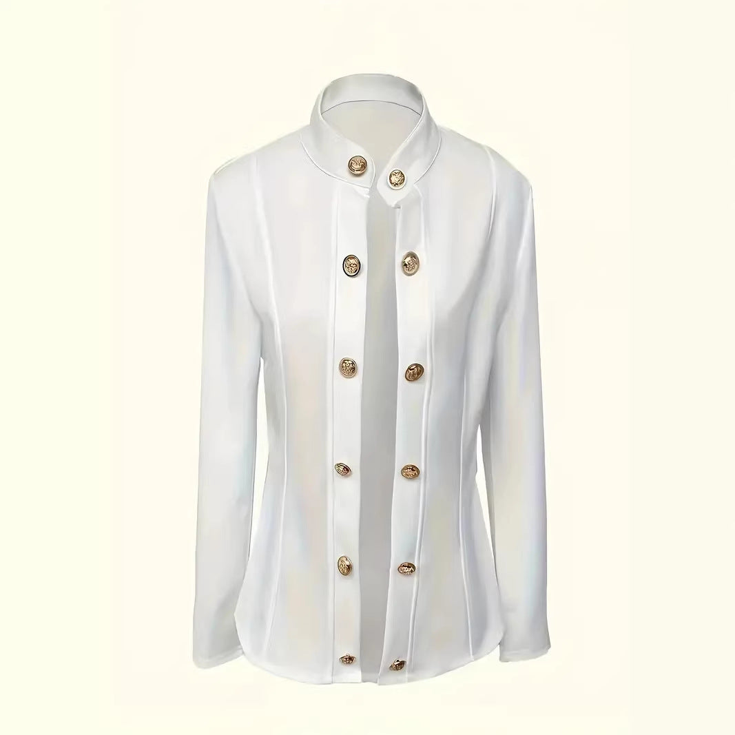 White double-breasted stand-collar blazer with gold-tone buttons, flat lay front view on plain background
