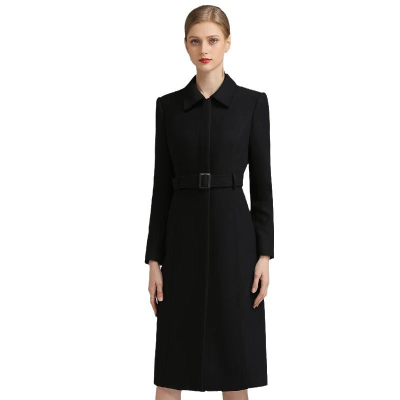 Belted collared midi coat, black, full front view on model, plain background