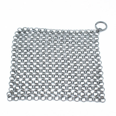 Square stainless steel chainmail scrubber, flat lay, top view, with hanging loop, white background