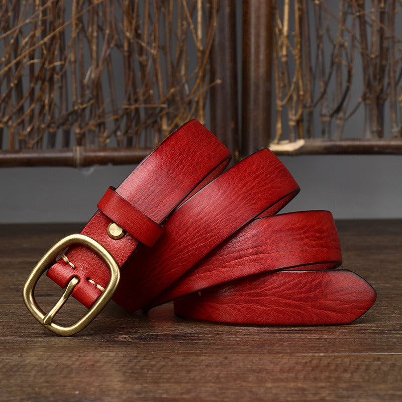 Vintage Leather Belt with Brass-Tone Buckle, 2.8 cm