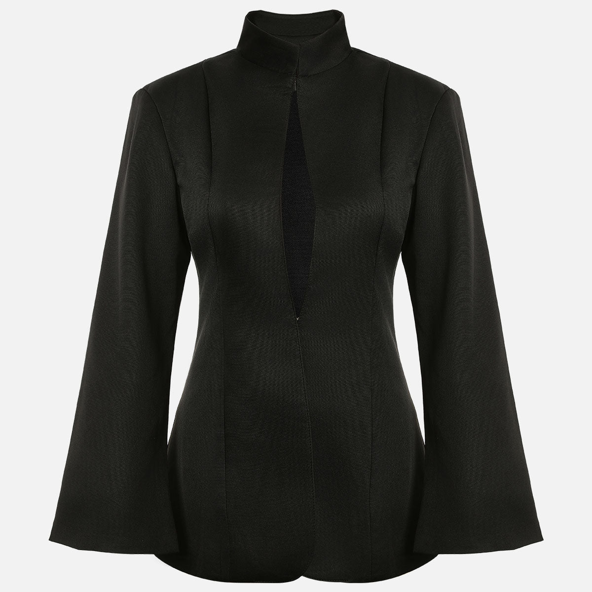 Black oversized cropped blazer with stand collar, flat lay, front view, no model, neutral background