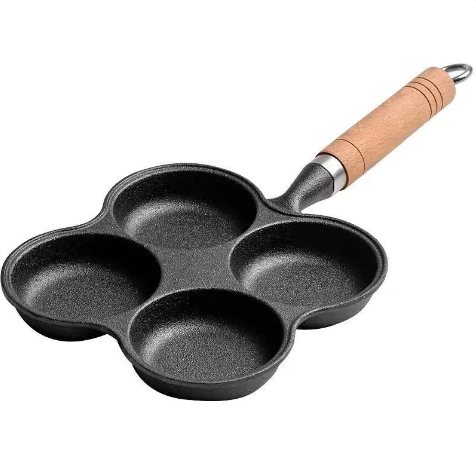 Artisan Cast Iron 4-Hole Omelette Pan with Wooden Handle