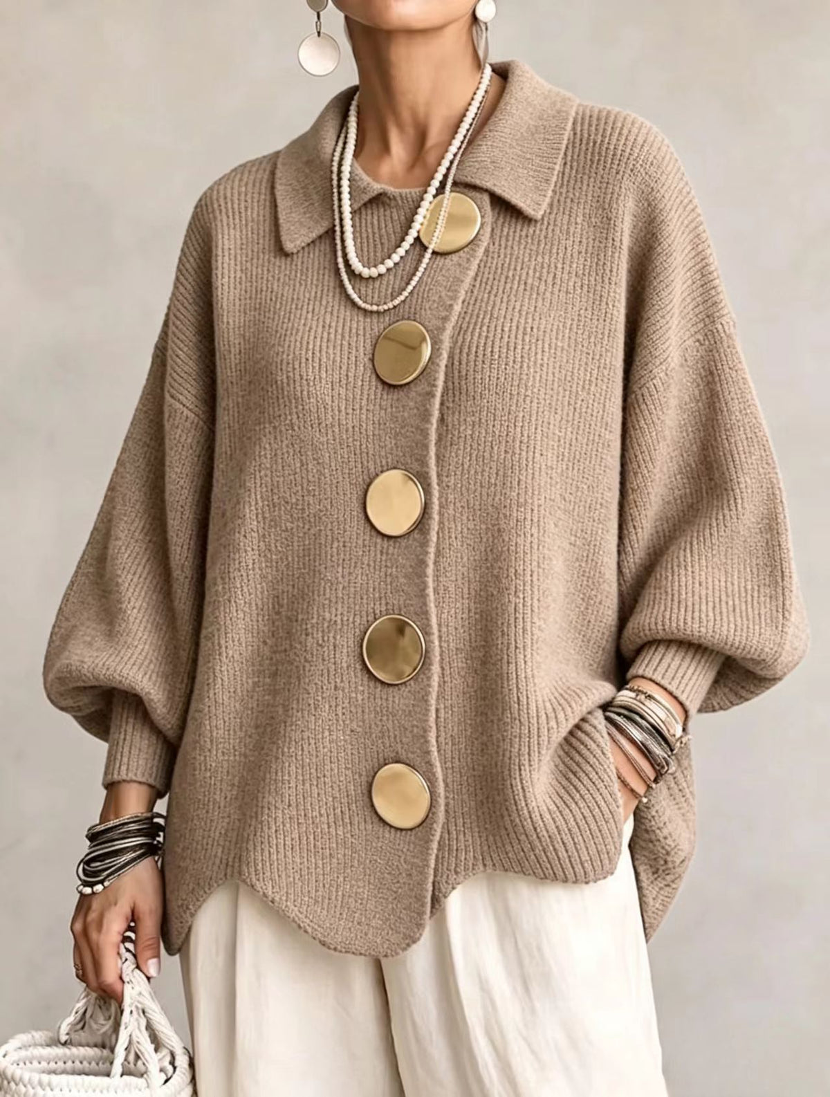 Collared Knit Cardigan with Oversized Buttons