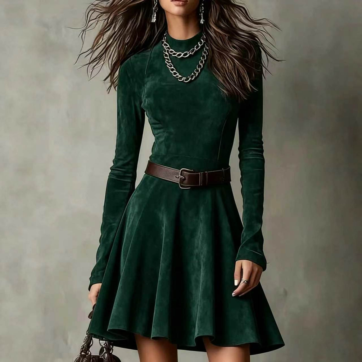 Green mini dress with long sleeves, round neckline and belt, front view