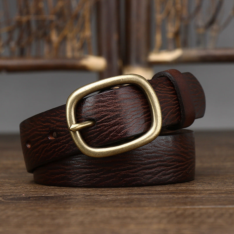 Vintage Leather Belt with Brass-Tone Buckle, 2.8 cm