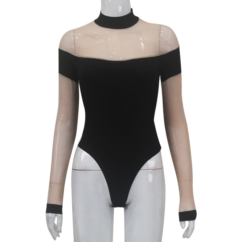 Nude-tone mesh mock-neck bodysuit on a mannequin, front view with black body and cuffs