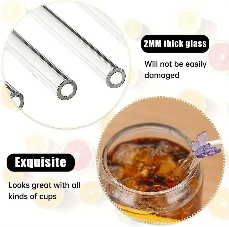 Colorful Butterfly Reusable Glass Straws with Brushes