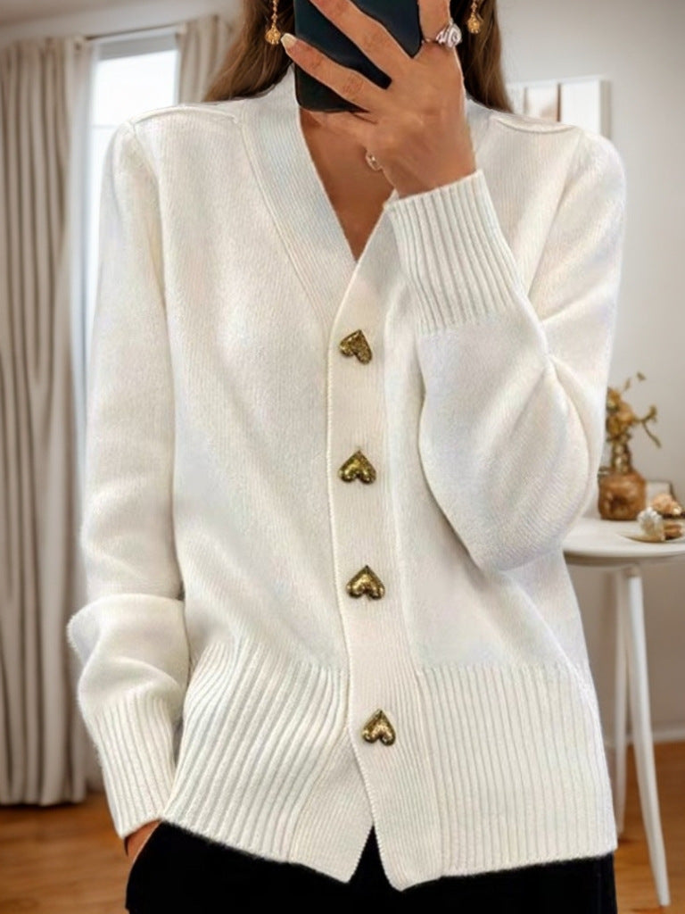 V-Neck Knit Cardigan with Heart Buttons