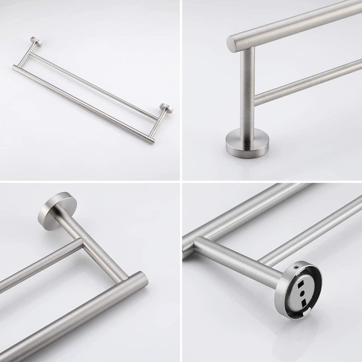 Double towel bar, brushed silver, 60 cm, four views showing details of ends and structure