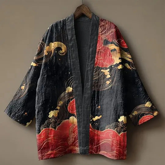 Open-front kimono jacket with wide sleeves, black base with red and gold wave and cloud print, front view on hanger