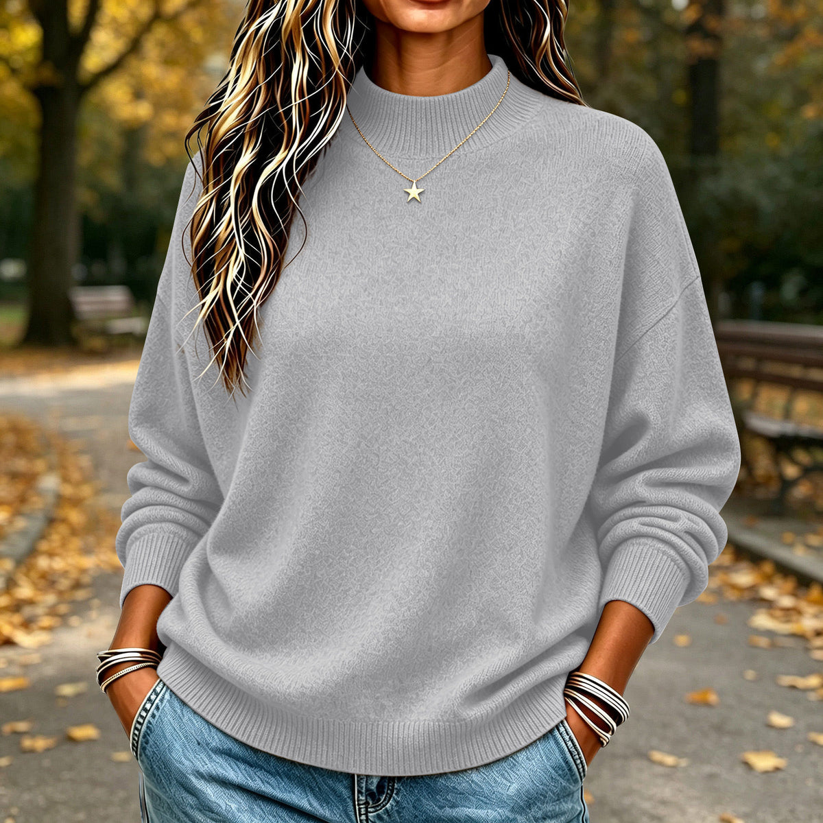 Mock-neck knit sweater in grey, worn by a model in a park setting, front view, long dropped sleeves, ribbed collar and cuffs